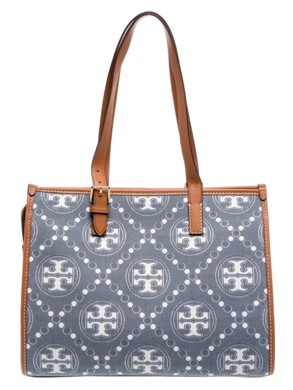 Tory Burch T Monogram Logo Toe.
Denim Blue with Tan Leather Trim